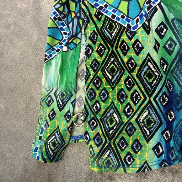 Susan Graver Women Large Green Blue Mosaic Geometric Tunic Top Split Sleeve Ring - Picture 11 of 16